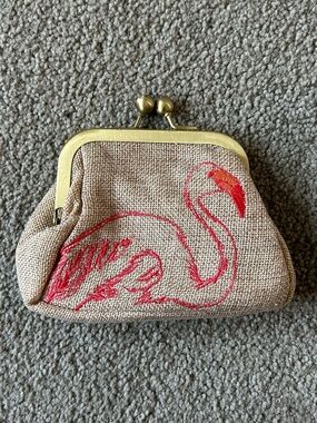 Beige Burlap Flamingo Coin Purse with Gold Frame